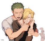  3boys bite_mark blank_stare blonde_hair collared_shirt curly_eyebrows eating facial_hair goatee green_hair hair_over_one_eye highres holding_hands hug hug_from_behind imminent_bite kotomine_(a1569) loose_necktie male_focus monkey_d._luffy multiple_boys necktie one_piece open_mouth restrained roronoa_zoro sanji_(one_piece) scar scar_across_eye shirt short_hair trembling 