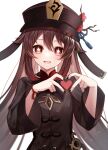  1girl :d black_headwear black_nails bracelet flower flower-shaped_pupils genshin_impact hat hat_flower heart heart_hands highres hu_tao_(genshin_impact) jewelry looking_at_viewer open_mouth ougi_(u_to4410) porkpie_hat red_eyes red_flower simple_background smile solo symbol-shaped_pupils upper_body white_background 
