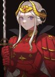  1girl armor armored_dress black_background buttons cape closed_mouth commentary double_bun dress edelgard_von_hresvelg fake_horns fire_emblem fire_emblem:_three_houses gauntlets hair_bun hair_ornament high_collar highres holding holding_sword holding_weapon horn_ornament horns looking_at_viewer peach11_01 red_cape red_dress sidelocks simple_background solo sword tiara violet_eyes weapon white_hair 