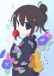 1girl bangs black_eyes black_hair black_kimono blue_background candy_apple closed_mouth commentary_request drop_shadow floral_print flower food gradient gradient_background hair_between_eyes hair_bun highres holding holding_food jaggy_lines japanese_clothes kimono looking_at_viewer looking_to_the_side morning_glory obi oekaki original pink_flower print_kimono purple_flower rensei sash solo white_background yukata 