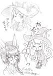  =3 anger_vein animal_ears braid greyscale hat highres horse_ears long_hair looking_at_viewer mitarashdng monochrome multiple_views one_eye_closed simple_background sweep_tosho_(umamusume) tail umamusume white_background witch_hat zenno_rob_roy_(umamusume) 