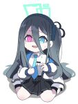  1girl aris_(blue_archive) bangs black_hair black_hairband black_skirt black_socks blue_archive blue_eyes blue_necktie chibi collared_shirt commentary_request crying crying_with_eyes_open hair_between_eyes hairband halo heterochromia jacket long_sleeves looking_at_viewer necktie nyaru_(nyaru_4126) one_side_up open_clothes open_jacket pink_eyes pleated_skirt puffy_long_sleeves puffy_sleeves shadow shirt shoes simple_background sitting skirt sleeves_past_wrists socks solo tears wariza white_background white_footwear white_jacket white_shirt 