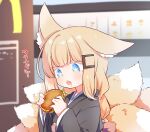  +_+ 1girl :o animal_ear_fluff animal_ears black_kimono blonde_hair blue_eyes blurry blurry_background blush burger colored_eyelashes depth_of_field done_(donezumi) drooling eyebrows_hidden_by_hair food fox_ears fox_girl fox_tail hair_ornament hairclip hands_up highres holding holding_food indoors japanese_clothes kimono kitsune long_hair long_sleeves looking_away mcdonald&#039;s obi open_mouth sash solo sweat tail teeth thick_eyebrows translation_request upper_teeth wide_sleeves 