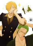  2boys angry arm_on_head blonde_hair cigarette collage collared_shirt curly_eyebrows elbow_rest facial_hair goatee green_hair green_kimono hair_over_one_eye highres japanese_clothes kimono loose_necktie male_focus multiple_boys necktie one_piece pectoral_cleavage pectorals roronoa_zoro sanji_(one_piece) scar scar_across_eye shirt short_hair smug unfinished upper_body ynnn_m 