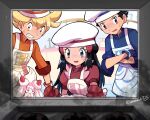  1girl 2boys :d alcremie apron barry_(pokemon) black_eyes black_hair blonde_hair blue_jacket blurry blurry_foreground brown_eyes clenched_teeth commentary_request crossed_arms dawn_(palentine&#039;s_2021)_(pokemon) hat highres hikari_(pokemon) jacket long_hair lucas_(pokemon) mittens multiple_boys official_alternate_costume open_mouth orange_jacket pokemon pokemon_(game) pokemon_dppt pokemon_masters_ex red_jacket sawarabi_(sawarabi725) shiny shiny_hair short_sleeves smile sweatdrop teeth twitter_username white_headwear 