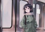  1girl 5_rebbeccas absurdres backpack bag bangs black_hair closed_mouth commentary_request earphones expressionless green_jacket grey_scarf hands_in_pockets highres jacket long_hair long_sleeves looking_to_the_side low_twintails scarf solo standing tamura_yuri train_interior twintails upper_body violet_eyes watashi_ga_motenai_no_wa_dou_kangaetemo_omaera_ga_warui! 