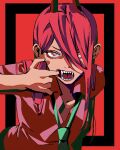  1girl bangs chainsaw_man collared_shirt cross-shaped_pupils finger_in_own_mouth green_necktie hair_between_eyes highres long_hair looking_at_viewer necktie open_mouth pink_shirt power_(chainsaw_man) red_background red_eyes red_theme redhead riki_(riki_unc) sharp_teeth shirt solo symbol-shaped_pupils teeth 
