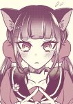  1girl animal_ears bangs blunt_bangs blush cat_ears collarbone danganronpa_(series) danganronpa_v3:_killing_harmony earrings flying_sweatdrops frown hair_ornament hair_scrunchie hairclip harukawa_maki highres index_fingers_together jewelry long_hair looking_at_viewer low_twintails mole mole_under_eye portrait sailor_collar satori_(aosky9077) scrunchie shirt solo twintails 