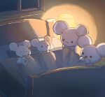  bed black_eyes book closed_eyes commentary_request family holding indoors lamp lying maushold no_humans on_back pandamaaaan pillow pokemon pokemon_(creature) sleeping u_u under_covers window 