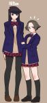  2girls absurdres black_eyes black_footwear black_hair black_pantyhose blue_jacket bow bowtie brown_background brown_footwear brown_hair brown_sweater_vest character_request crossed_arms full_body height height_difference highres jacket komi-san_wa_komyushou_desu komi_shouko lecca_aisu loafers long_hair multiple_girls pantyhose pleated_skirt red_bow red_bowtie red_skirt school_uniform shoes short_hair simple_background skirt standing striped striped_skirt sweatdrop sweater_vest 