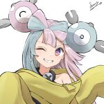  1girl armpits bow-shaped_hair character_hair_ornament farat0827 hair_ornament highres iono_(pokemon) jacket one_eye_closed oversized_clothes pokemon pokemon_(game) pokemon_sv simple_background sleeves_past_fingers sleeves_past_wrists solo very_long_sleeves white_background x yellow_jacket 