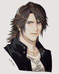  1boy bangs black_jacket blue_eyes boooshow brown_hair chain_necklace character_name closed_mouth final_fantasy final_fantasy_viii grey_background jacket jewelry kingdom_hearts looking_at_viewer male_focus medium_hair necklace parted_bangs portrait scar scar_on_face scar_on_forehead shirt solo squall_leonhart upper_body white_shirt 