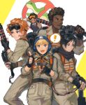  1boy 4girls ^_^ animification apex_legends arm_behind_head backpack bag bangalore_(apex_legends) bangs black_gloves black_vest blue_eyes brown_eyes brown_hair brown_jumpsuit cable closed_eyes dark-skinned_female dark-skinned_male dark_skin energy_reader_(apex_legends) fingerless_gloves ghostbusters gloves goggles goggles_on_head hair_behind_ear hair_bun highres holding holding_weapon horizon_(apex_legends) jumpsuit licking_lips mirage_(apex_legends) multiple_girls nessie_(respawn) parody parted_bangs paseritaberuman pointing scar scar_on_cheek scar_on_face shirt short_hair single_hair_bun sketch smile tongue tongue_out v v-shaped_eyebrows vest wattson_(apex_legends) weapon white_shirt wraith_(apex_legends) 