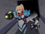  1girl armor blonde_hair blue_eyes highres metroid ponytail robot samus_aran user_yxzm4734 weapon 