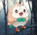  animal_focus bird black_eyes blurry blurry_background blush boingfarm branch bright_pupils commentary_request day forest full_body highres in_tree korean_commentary nature no_humans outdoors pokemon pokemon_(creature) rowlet sad solo standing tears tree white_pupils 