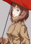  1girl anbj blue_eyes breasts brown_coat brown_gloves brown_hair coat freckles from_side gloves grey_background holding holding_umbrella idolmaster idolmaster_cinderella_girls kate_(idolmaster) medium_breasts parted_lips smile solo umbrella upper_body 