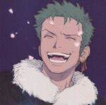  1boy ^_^ closed_eyes earrings green_hair highres jewelry laughing male_focus no.6_(numberr_6) one_piece portrait roronoa_zoro short_hair single_earring smile snowing solo winter_clothes 