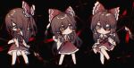  1girl bangs black_sclera brown_hair chibi chinese_commentary collared_shirt colored_sclera commentary_request detached_sleeves frilled_hair_tubes frills hair_between_eyes hair_tubes hakurei_reimu highres long_hair mismatched_sclera multiple_views nontraditional_miko red_eyes red_skirt red_vest shirt skirt sleeveless sleeveless_shirt touhou usamisatori vest white_shirt white_sleeves 