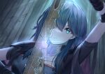  1girl absurdres arm_up armor bangs black_armor blue_eyes blue_hair byleth_(fire_emblem) byleth_eisner_(female) closed_mouth commentary_request expressionless fire_emblem fire_emblem:_three_houses hair_between_eyes highres holding holding_sword holding_weapon long_hair one_eye_covered shoulder_armor solar_torch solo sword sword_of_the_creator weapon 