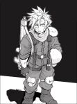  1boy als8za armor bandage_on_face bandages boots cloud_strife dirty dirty_face final_fantasy final_fantasy_vii full_body gloves greyscale gun hair_between_eyes harness headwear_removed helmet helmet_removed holding holding_helmet knee_pads long_sleeves looking_at_viewer male_focus monochrome over_shoulder pants scarf short_hair shoulder_armor sleeves_rolled_up solo spiky_hair standing thigh_strap twitter_username weapon weapon_over_shoulder 