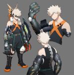  1boy abaraya arms_at_sides baggy_pants bakugou_katsuki bangs bare_shoulders belt black_footwear black_mask black_pants black_tank_top blonde_hair boku_no_hero_academia boots closed_mouth collarbone combat_boots container cropped_torso cyborg explosive eye_mask from_behind full_body glowing grenade grey_background headgear knee_boots knee_pads liquid looking_down male_focus mechanical_arms mechanical_spine multiple_views one_eye_covered orange_footwear oversized_limbs pants parted_lips prosthesis prosthetic_arm prosthetic_arm_removed red_eyes sanpaku science_fiction shiny simple_background sleeveless spiky_hair tank_top tube two-tone_footwear upper_body v-neck x 