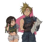  1boy 1girl als8za armor baggy_pants belt black_hair blonde_hair blue_pants blue_shirt breasts brown_belt brown_gloves chest_strap cloud_strife cowboy_shot crop_top earrings final_fantasy final_fantasy_vii fishnet_armwear gloves green_shirt grey_shorts hair_between_eyes headband holding holding_map jewelry leaning_forward looking_at_another map medium_breasts midriff open_mouth pants shirt short_hair short_shorts shorts shoulder_armor single_bare_shoulder single_earring single_sleeve sleeveless sleeveless_turtleneck spiky_hair suspenders talking turtleneck walking white_background yuffie_kisaragi 
