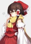  1girl artist_name ascot bangs bare_shoulders blush bow brown_eyes brown_hair closed_mouth detached_sleeves dress frills grey_background grey_shirt hair_between_eyes hair_ornament hair_tubes hakurei_reimu hand_up highres jill_07km long_sleeves looking_at_viewer red_bow red_dress red_skirt red_vest scarf shirt short_hair simple_background skirt skirt_set solo touhou vest white_bow wide_sleeves yellow_ascot yellow_scarf 