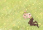 1boy absurdres bandana blush closed_eyes field flower flower_field from_above grass green_hair highres lying male_focus no.6_(numberr_6) on_side one_piece painterly pants roronoa_zoro scar scar_across_eye shirt short_hair sleeping solo 