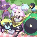 1girl bellibolt bow-shaped_hair character_hair_ornament grey_pantyhose hair_ornament hexagon_print highres iono_(pokemon) jacket luxio mismagius multicolored_hair oversized_clothes pantyhose picnic pokemon pokemon_(game) pokemon_sv single_leg_pantyhose split-color_hair syalm twintails very_long_sleeves wattrel x yellow_jacket