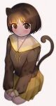  1girl amagami animal_ears bangs black_eyes black_serafuku blunt_bangs blurry blush bob_cut brown_eyes brown_hair cat_ears cat_tail closed_mouth commentary depth_of_field expressionless from_above full_body hands_on_lap highres long_sleeves looking_at_viewer looking_up neck_ribbon on_ground own_hands_together pleated_skirt rabiyamarabi ribbon sailor_collar school_uniform seiza serafuku short_hair simple_background sitting skirt solo tachibana_miya tail texture upturned_eyes white_background white_sailor_collar yellow_ribbon yellow_skirt 