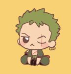  1boy chibi flat_color full_body green_hair highres japanese_clothes kimono looking_at_viewer male_focus no.6_(numberr_6) one_piece roronoa_zoro scar scar_across_eye short_hair sitting solo v yellow_background 