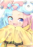  1girl bow-shaped_hair character_hair_ornament hair_ornament highres iono_(pokemon) jacket long_hair low-tied_long_hair multicolored_hair oversized_clothes pokemon pokemon_(game) pokemon_sv sharp_teeth sleeves_past_wrists solo split-color_hair teeth usapenpen2019 very_long_sleeves yellow_jacket 