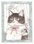  animal_ears animal_focus bell cat cat_ears commentary_request curtains feathered_wings fish flying highres mirin_(mirin_4) neck_bell no_humans original painting_(medium) ribbon traditional_media watercolor_(medium) wings 