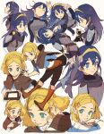  2girls armor bangs black_pants blonde_hair blue_eyes blue_hair blue_shirt blush boots braid breasts brown_cloak brown_footwear cloak closed_eyes fire_emblem fire_emblem_awakening full_body green_eyes hair_between_eyes hair_ornament hairclip highres leaning_forward long_hair lucina_(fire_emblem) medium_breasts multiple_girls multiple_views open_mouth own_hands_clasped own_hands_together pants parted_bangs parted_lips pointy_ears princess_zelda shirt short_hair shoulder_armor sleeping smile syertse the_legend_of_zelda the_legend_of_zelda:_breath_of_the_wild thigh_boots tiara upper_body white_background zzz 