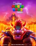  1boy 3d bowser clenched_hands clouds cloudy_sky copyright_name english_commentary fangs highres key_visual lightning logo molten_rock official_art promotional_art red_eyes redhead sky smile solo super_mario_bros. the_super_mario_bros._movie v-shaped_eyebrows volcano 