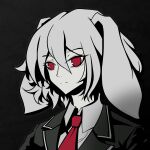  1girl animal_ears bangs blazer closed_mouth collared_shirt duojiaomaotou-tougarashi expressionless floppy_ears greyscale hair_between_eyes highres jacket looking_at_viewer monochrome necktie portrait rabbit_ears rabbit_girl red_eyes red_necktie reisen_(touhou_bougetsushou) shirt short_hair solo spot_color touhou 