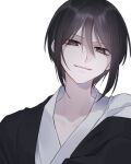  baby_(demotsu) black_coat black_hair coat collarbone fruits_basket haori highres japanese_clothes kimono looking_at_viewer portrait short_hair simple_background smirk solo souma_akito white_background white_kimono 