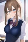  1girl ai-generated breasts classroom light_brown_hair looking_at_viewer medium_breasts non-web_source original ribbon scar scar_on_face school_uniform solo window 