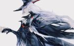  1girl arknights ascot bangs black_gloves black_headwear commentary elbow_gloves floating_hair gladiia_(arknights) gloves grey_hair hat high_collar highres holding_hands long_hair out_of_frame pointy_ears profile red_eyes simple_background sushiwa white_ascot white_background 