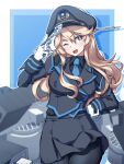 1girl 547th_sy ass_visible_through_thighs black_pantyhose blonde_hair blue_background blue_eyes blue_necktie breasts cannon collared_shirt commentary_request cosplay cowboy_shot gloves hat highres iowa_(kancolle) jacket kantai_collection large_breasts looking_at_viewer military military_uniform muvluv muvluv_alternative necktie ofuda one_eye_closed open_mouth pantyhose peaked_cap rigging shirt skirt smokestack solo turret uniform united_nations white_background white_gloves 