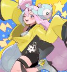  1girl bow-shaped_hair character_hair_ornament grey_pantyhose hair_ornament hexagon_print iono_(pokemon) jacket long_hair low-tied_long_hair makoto_139 multicolored_hair oversized_clothes pantyhose pokemon pokemon_(game) pokemon_sv sharp_teeth single_leg_pantyhose sleeves_past_fingers sleeves_past_wrists solo split-color_hair teeth twintails very_long_sleeves x yellow_jacket 