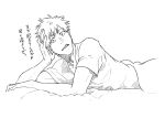  1boy bleach head_rest kurosaki_ichigo looking_at_viewer lying male_focus monochrome on_stomach parted_lips shirt short_hair short_sleeves sketch solo spiky_hair t-shirt ten0u0 upper_body 