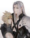  2boys abs aqua_eyes armor bangs black_jacket blonde_hair chest_strap cloud_strife final_fantasy final_fantasy_vii final_fantasy_vii_remake grey_hair hair_between_eyes highres holding_another&#039;s_wrist jacket jjn_ff7 long_bangs long_hair long_sleeves looking_at_viewer male_focus multiple_boys parted_bangs sephiroth short_hair shoulder_armor single_bare_shoulder sleeveless sleeveless_turtleneck slit_pupils spiky_hair suspenders toned toned_male turtleneck upper_body white_background 
