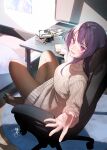  1girl black_pantyhose book chair desk highres long_hair long_sleeves looking_at_viewer okeno_kamoku open_mouth original pantyhose purple_hair signature sitting sweater teeth violet_eyes 