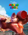  animal_focus brown_eyes clenched_hand copyright_name crowd diddy_kong dixie_kong donkey_kong english_commentary gorilla highres holding_barrel key_visual logo looking_at_viewer necktie official_art promotional_art red_necktie smile solo_focus super_mario_bros. the_super_mario_bros._movie 