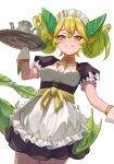  1girl apron breasts choker dragon_girl dragon_horns dragon_tail duel_monster green_hair green_horns green_wings hair_between_eyes hand_up highres holding holding_plate horns kiyama looking_down maid maid_apron maid_headdress orange_eyes parlor_dragonmaid plate puffy_sleeves solo tail teapot twintails wings wrist_cuffs yu-gi-oh! 