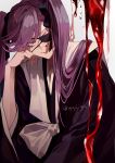  1girl ajuji_aju bangs bleach bleach:_the_thousand-year_blood_war blood eyepatch hair_between_eyes highres holding japanese_clothes jewelry long_hair long_sleeves looking_at_viewer purple_hair saitou_furoufushi shinigami simple_background violet_eyes 