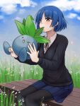  1girl 3ton absurdres bangs blue_hair bocchi_the_rock! collared_shirt crossover eating grass highres holding jacket long_sleeves looking_at_viewer mole mole_under_eye oddish open_mouth outdoors pantyhose pleated_skirt pokemon pokemon_(creature) school_uniform shirt short_hair sitting skirt white_shirt yamada_ryou yellow_eyes 