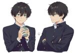  1boy artist_logo artist_name bangs black_hair black_jacket blush closed_mouth collar collared_jacket crossed_arms cup embarrassed eyes_visible_through_hair hair_between_eyes highres holding holding_cup hyouka jacket long_sleeves looking_at_viewer looking_to_the_side mery_(yangmalgage) oreki_houtarou school_uniform simple_background sweat upper_body watch white_background 