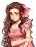  1girl absurdres aerith_gainsborough bangs blush bow breasts brown_hair closed_mouth dress english_commentary falling_petals final_fantasy final_fantasy_vii final_fantasy_vii_remake frilled_sleeves frills green_eyes hair_bow hair_over_shoulder hair_pulled_back hand_on_own_arm highres long_hair medium_breasts official_alternate_costume parted_bangs petals pink_bow pink_dress ponytail short_sleeves sidelocks smile solo syertse thick_eyebrows upper_body wavy_hair white_background 